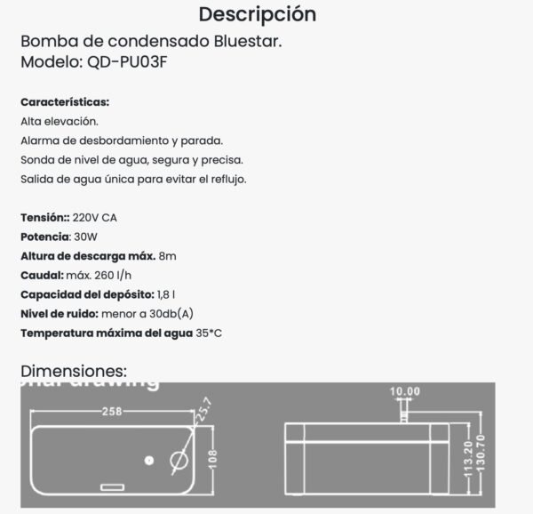 BOMBA CONDENSADO QUNDA 260L/H QD-PU03F - Imagen 2